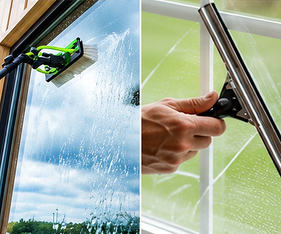 Split view showing exterior and interior window cleaning